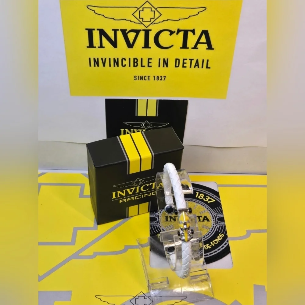 Invicta Racing Cuff Bracelet White Braided Leather Band IG0353 F1 Race Car